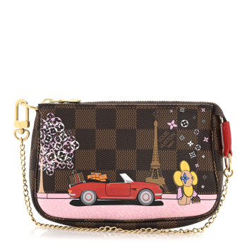 LOUIS VUITTON Damier Ebene 2019 Christmas Animation Mini Pochette Accessories Red