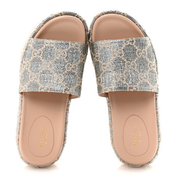 GUCCI Lame Heritage GG Monogram Angelina Platform 55mm Slide Sandals 37.5 Silver Beige