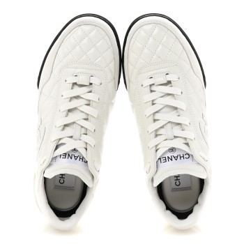 CHANEL Shiny Calfskin Suede Quilted CC Logo Sneakers 37 White