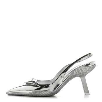 PRADA Spazzolato Triangle Logo Pointed Toe 45mm Slingback Pumps 36.5 Argento