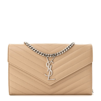SAINT LAURENT Grain De Poudre Matelasse Chevron Cassandre Chain Wallet Dark Beige
