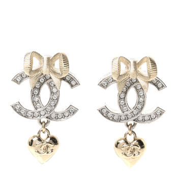 CHANEL Crystal CC Bow Heart Pendant Earrings Silver Gold