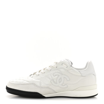 CHANEL Shiny Calfskin Suede Quilted CC Logo Sneakers 37 White