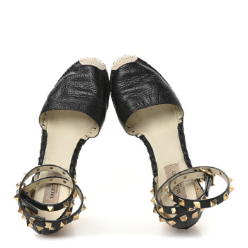 VALENTINO GARAVANI Grained Calfskin Rockstud Ankle Wrap Espadrille 15/85mm Wedges 38 Black Light Cuir