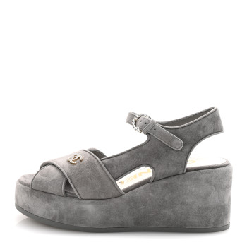 CHANEL Suede Calfskin Peep Toe Wedge Sandals 37 Grey
