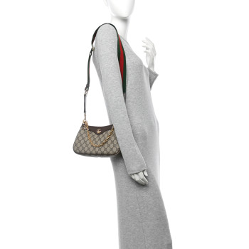 GUCCI GG Supreme Monogram Textured Dollar Calfskin Web Small Ophidia GG Handbag Beige Ebony New Acero