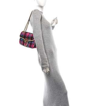 GUCCI Tweed Calfskin Spicy Check Small GG Marmont Shoulder Bag Pink Multicolor Mystic White