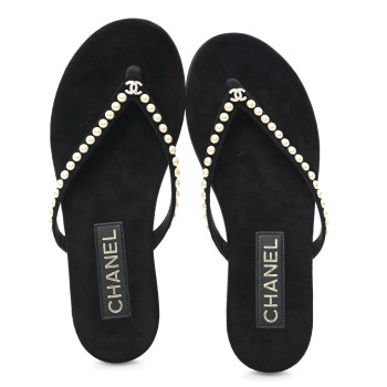 CHANEL Suede Pearl Strass CC Thong Sandals 35.5 Black