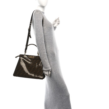 FENDI Fabric Jacquard Paillettes Vitello Seta FF 1974 Medium Peekaboo I SEE U Satchel Tobacco Moro