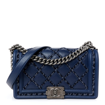 CHANEL Lambskin Tweed Double Stitch Medium Boy Flap Navy Blue
