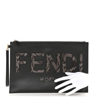FENDI Vitello King Luxor Elaphe Snakeskin Print Logo Medium Flat Pouch Anthracite Asphalt