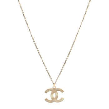 CHANEL Metal Resin CC Pendant Necklace Gold Pearly White