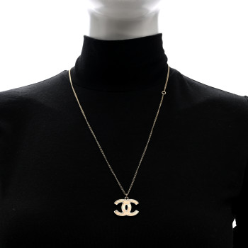 CHANEL Metal Resin CC Pendant Necklace Gold Pearly White