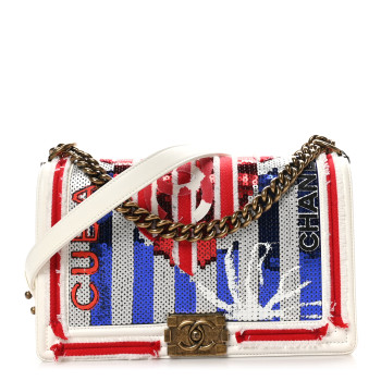 CHANEL Sequin Canvas New Medium Cuba Boy Flap White Blue Red