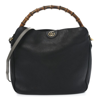 GUCCI Softy Wonka Textured Dollar Calfskin Large Diana Bamboo Shoulder Bag Black