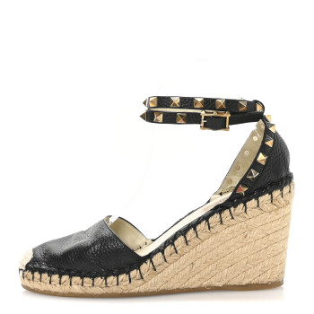 VALENTINO GARAVANI Grained Calfskin Rockstud Ankle Wrap Espadrille 15/85mm Wedges 38 Black Light Cuir
