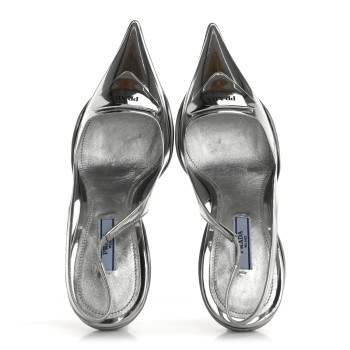 PRADA Spazzolato Triangle Logo Pointed Toe 45mm Slingback Pumps 36.5 Argento