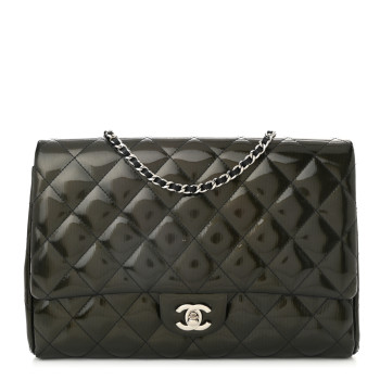 CHANEL Striated Patent Quilted Clutch With Chain Flap Dark Grey