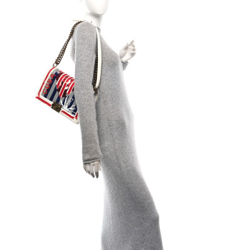 CHANEL Sequin Canvas New Medium Cuba Boy Flap White Blue Red