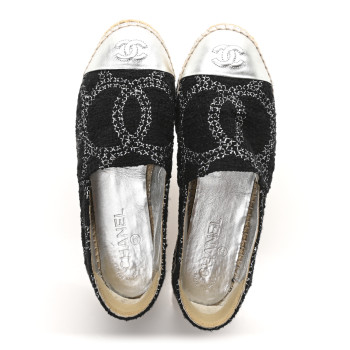 CHANEL Metallic Tweed Lambskin CC Espadrilles 38 Black Silver