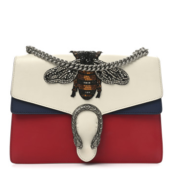 GUCCI Calfskin Bee Embroidered Medium Dionysus Shoulder Bag White Blue Hibiscus Red