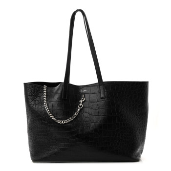 SAINT LAURENT Calfskin Crocodile Embossed Shopping Tote Black