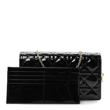 CHRISTIAN DIOR Patent Cannage Lady Dior Chain Wallet Black