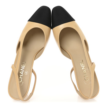 CHANEL Goatskin Grosgrain Cap Toe CC Slingback Pumps 39 Beige Black