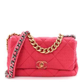CHANEL Tweed Quilted Large Chanel 19 Flap Pink