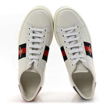 GUCCI Calfskin Crystal Web Bee Embroidered Womens Ace Platform Sneakers 37.5 White