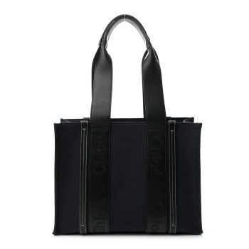 CHLOE Calfskin Linen Medium Woody Tote Deep Denim