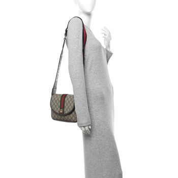 GUCCI GG Supreme Monogram Textured Dollar Calfskin Web Studded Mini Ophidia Flap Shoulder Bag Beige Ebony New Acero