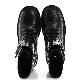 CHANEL Shiny Lambskin Quilted Lace Up Combat Boots 37 Black