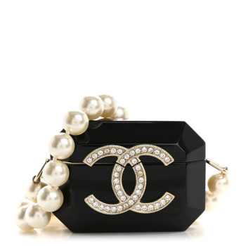 CHANEL Resin Crystal Pearl Airpods Pro Holder Necklace Black Pearly White