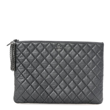 CHANEL Aged Calfskin Quilted Large Tassel Cosmetic Case Dark Grey