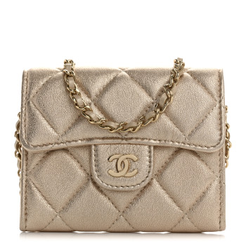 CHANEL Metallic Lambskin Quilted Flap Card Holder On Chain Gold