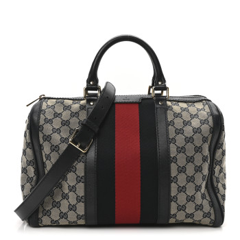 GUCCI Monogram Selleria Calfskin Vintage Web Medium Boston Beige Blue