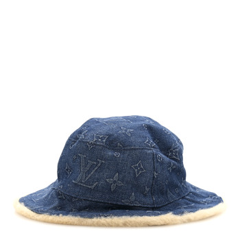 LOUIS VUITTON Monogram Denim Shearling Bucket Hat L Blue