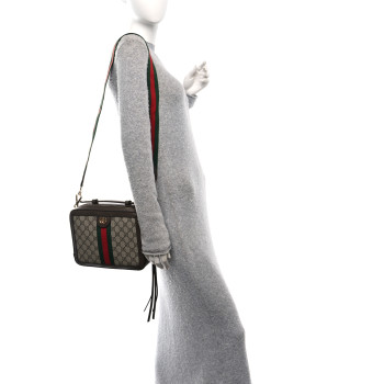 GUCCI GG Supreme Monogram Web Small Ophidia Top Handle Shoulder Bag Brown