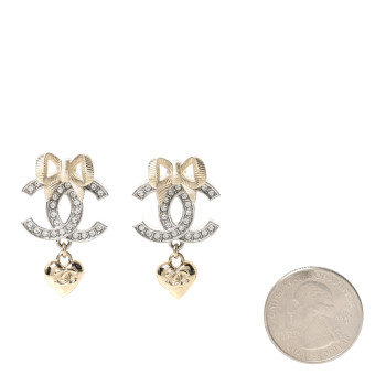 CHANEL Crystal CC Bow Heart Pendant Earrings Silver Gold