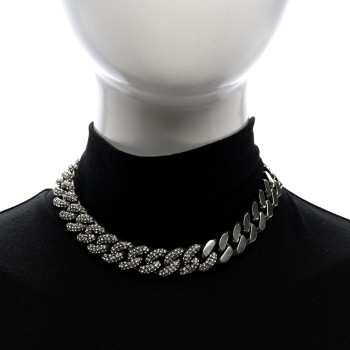 SAINT LAURENT Crystal Curb Chain Necklace Oxidized Silver