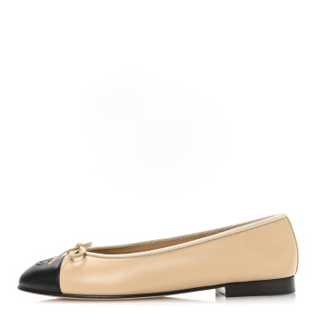 CHANEL Lambskin Cap Toe CC Ballerina Flats 38.5 Beige Black