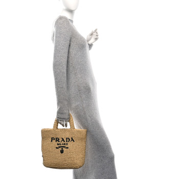 PRADA Yarn Raffia Effect Crochet Embroidered Small Logo Tote Naturale
