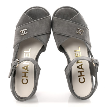 CHANEL Suede Calfskin Peep Toe Wedge Sandals 37 Grey