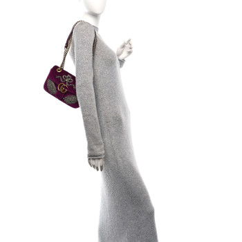 GUCCI Velvet Matelasse Embroidered Mini GG Marmont Shoulder Bag Bordeaux