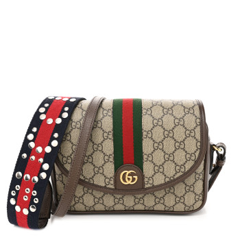 GUCCI GG Supreme Monogram Textured Dollar Calfskin Web Studded Mini Ophidia Flap Shoulder Bag Beige Ebony New Acero