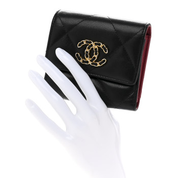 CHANEL Goatskin Quilted Chanel 19 Small Flap Wallet Black