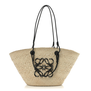 LOEWE Calfskin Raffia Paulas Ibiza Medium Anagram Basket Tote Bag Natural Black