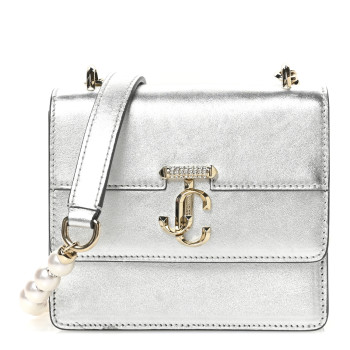 JIMMY CHOO Metallic Calfskin Pearl Varenne Crystal Bar Avenue Chain Clutch Silver