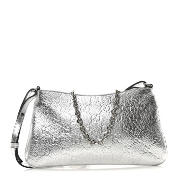 GUCCI Metallic Grainy Calfskin GG Emblem Embossed Medium Shoulder Bag Silver